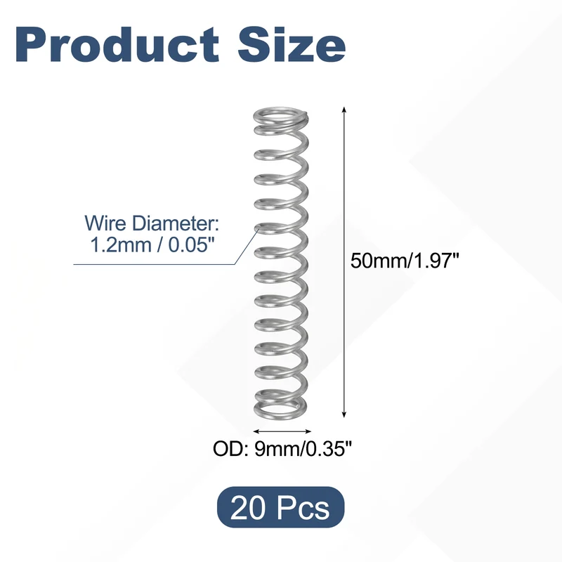 20Pcs Compression Spring 304 Stainless Steel, 1.2mm Wire, 9x50mm (ODxL)
