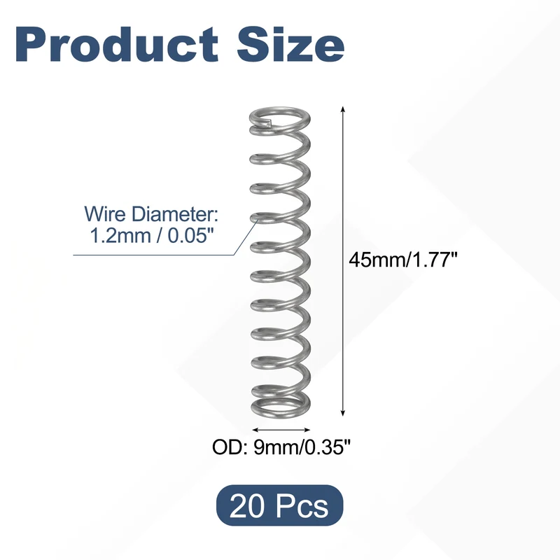 20Pcs Compression Spring 304 Stainless Steel, 1.2mm Wire, 9x45mm (ODxL)