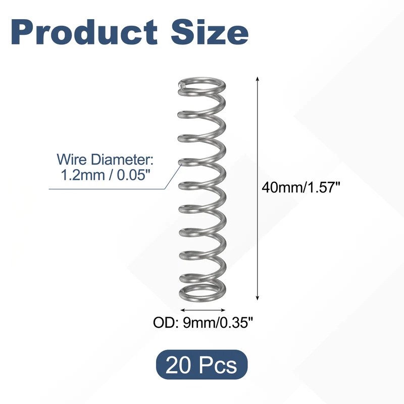 20Pcs Compression Spring 304 Stainless Steel, 1.2mm Wire, 9x40mm (ODxL)