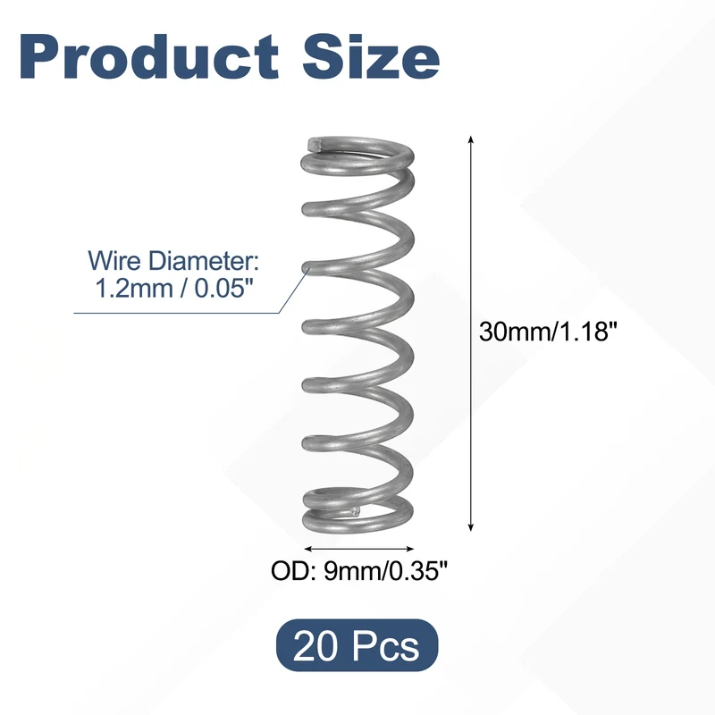 20Pcs Compression Spring 304 Stainless Steel, 1.2mm Wire, 9x30mm (ODxL)
