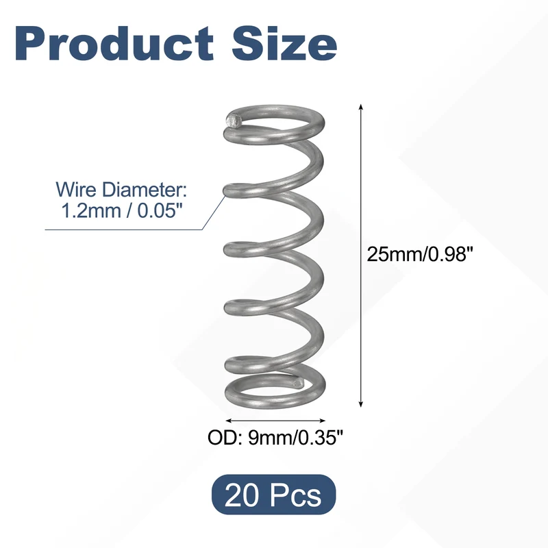 20Pcs Compression Spring 304 Stainless Steel, 1.2mm Wire, 9x25mm (ODxL)