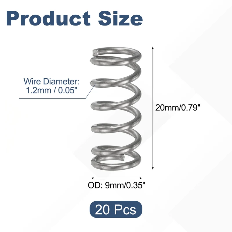 20Pcs Compression Spring 304 Stainless Steel, 1.2mm Wire, 9x20mm (ODxL)