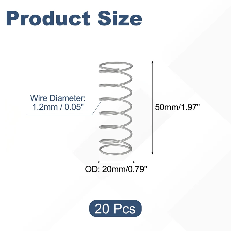 20Pcs Compression Spring 304 Stainless Steel, 1.2mm Wire, 20x50mm (ODxL)