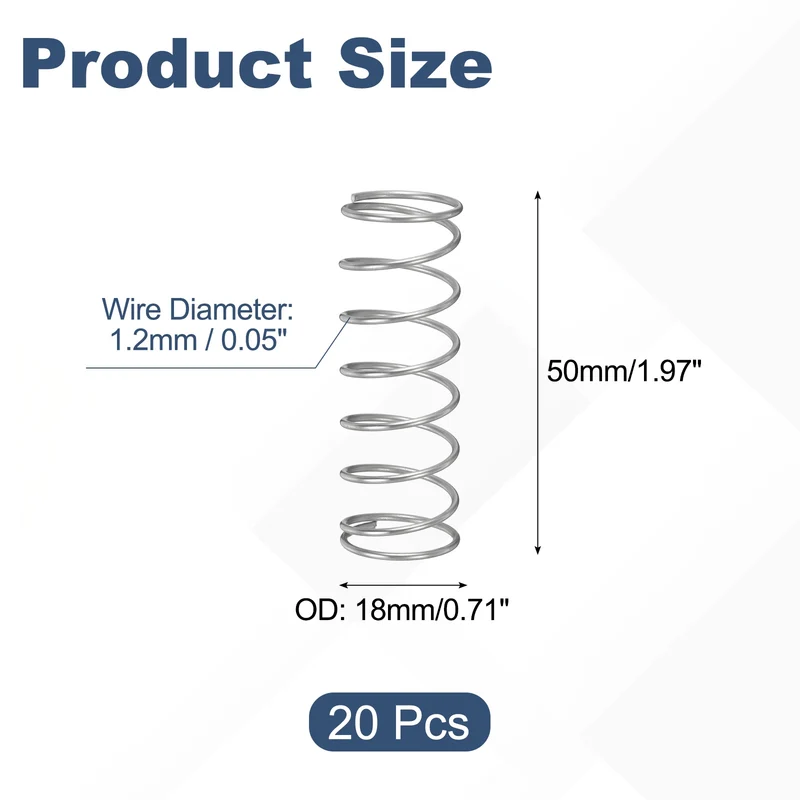 20Pcs Compression Spring 304 Stainless Steel, 1.2mm Wire, 18x50mm (ODxL)