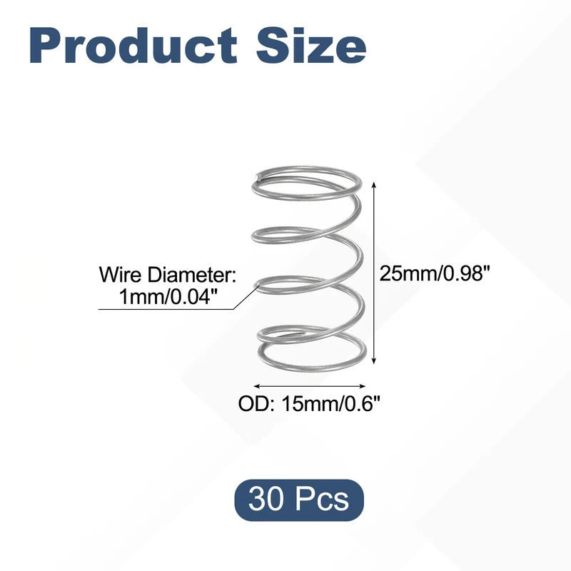 30Pcs Compression Spring 304 Stainless Steel, 1mm Wire, 15x25mm (ODxL)