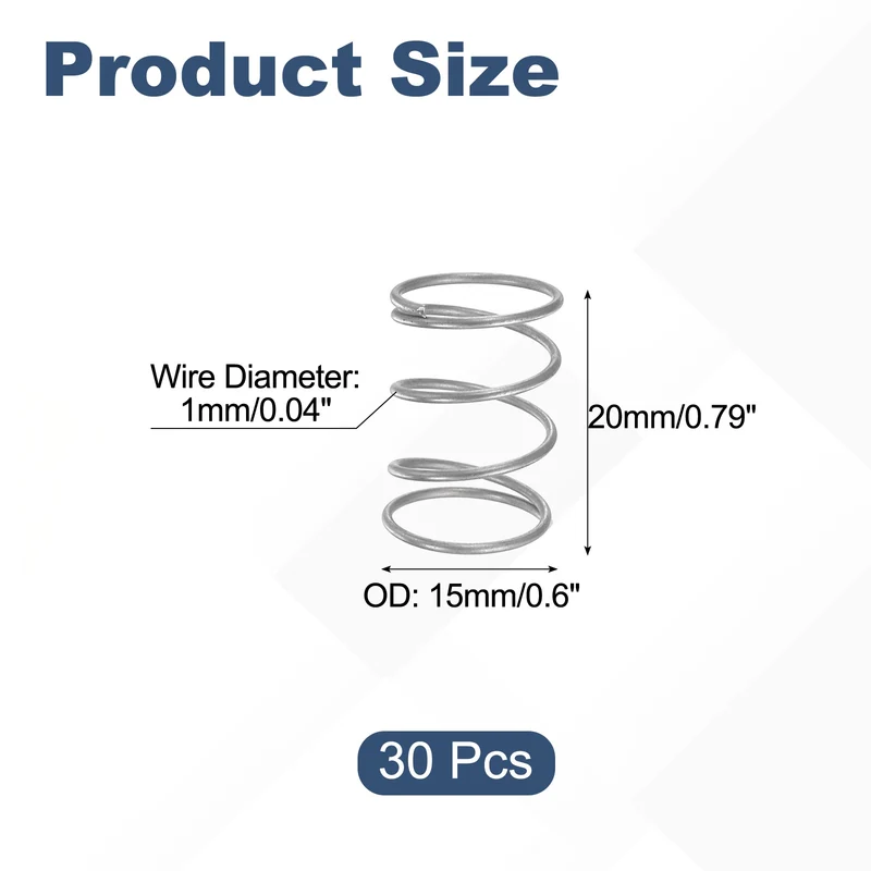 30Pcs Compression Spring 304 Stainless Steel, 1mm Wire, 15x20mm (ODxL)