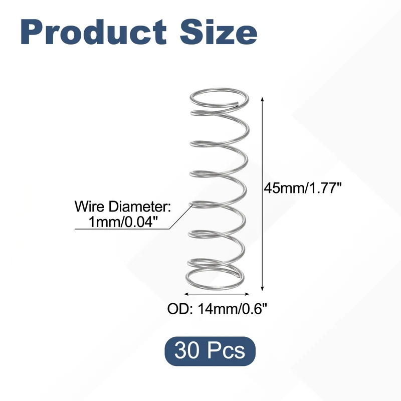 30Pcs Compression Spring 304 Stainless Steel, 1mm Wire, 14x45mm (ODxL)