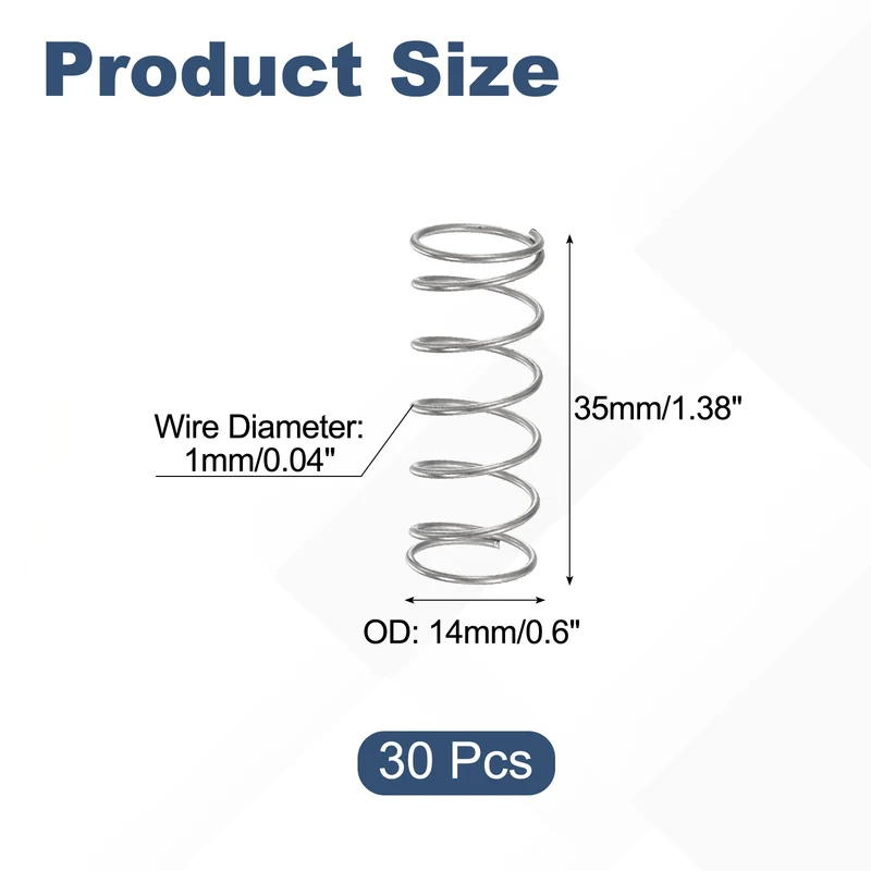 30Pcs Compression Spring 304 Stainless Steel, 1mm Wire, 14x35mm (ODxL)