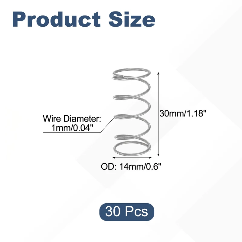 30Pcs Compression Spring 304 Stainless Steel, 1mm Wire, 14x30mm (ODxL)