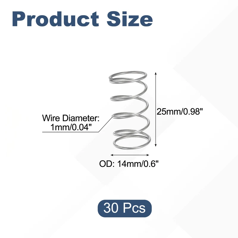 30Pcs Compression Spring 304 Stainless Steel, 1mm Wire, 14x25mm (ODxL)