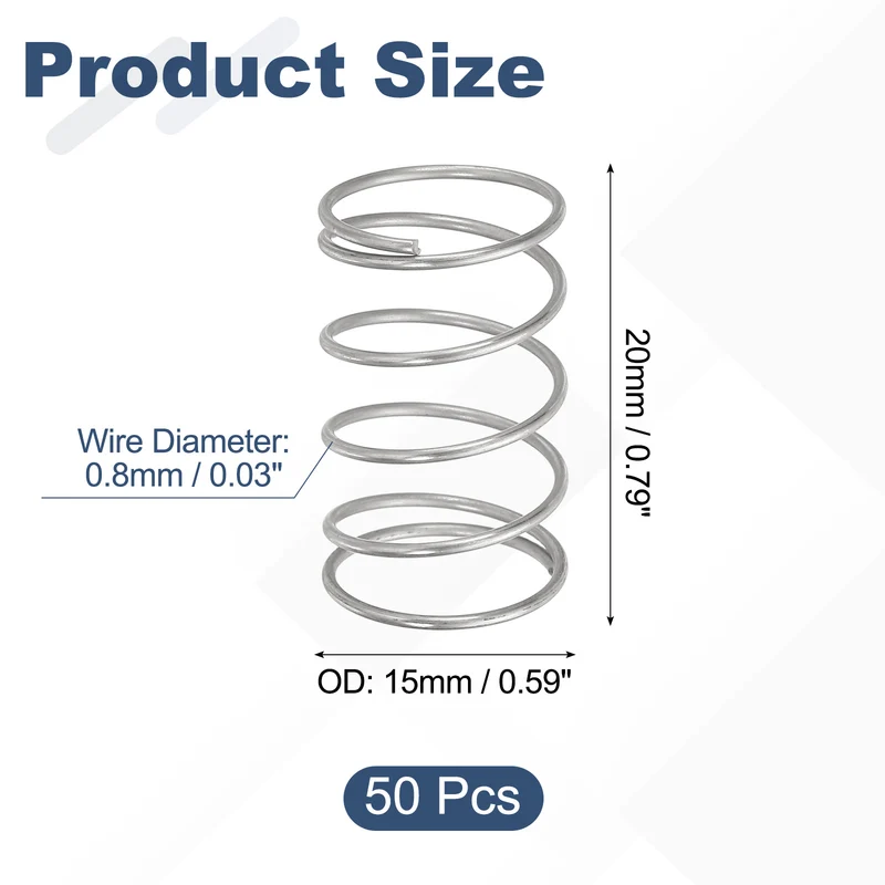 50pcs 304 Stainless Steel Compression Springs, 0.8mm x 15mm x 20mm, Silver Tone