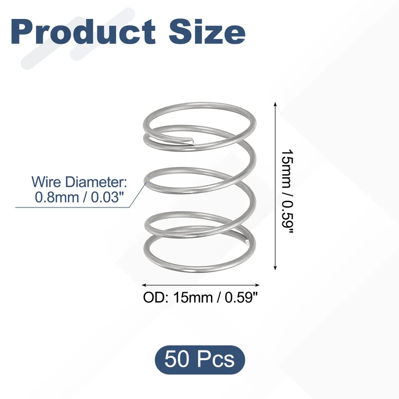 50pcs 304 Stainless Steel Compression Springs, 0.8mm x 15mm x 15mm, Silver Tone