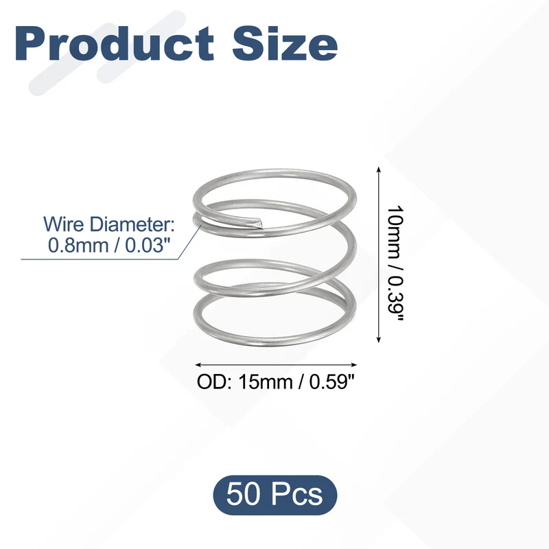 50pcs 304 Stainless Steel Compression Springs, 0.8mm x 15mm x 10mm, Silver Tone