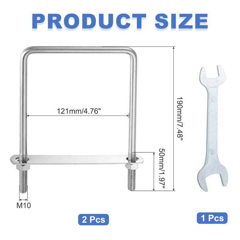 2Pcs M10 Square U-Bolts, 4.76In(121mm) Inner Width 7.48In(190mm) Long