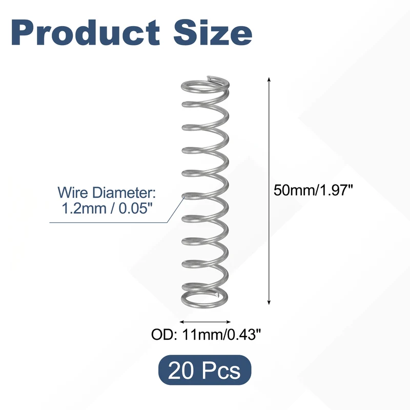 20Pcs Compression Spring 304 Stainless Steel, 1.2mm Wire, 11x50mm (ODxL)