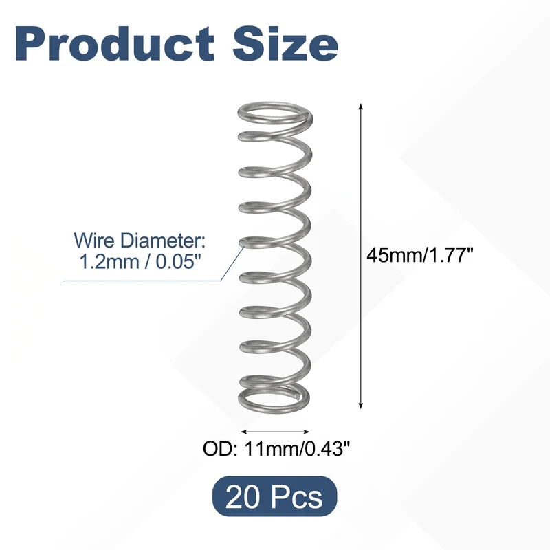 20Pcs Compression Spring 304 Stainless Steel, 1.2mm Wire, 11x45mm (ODxL)