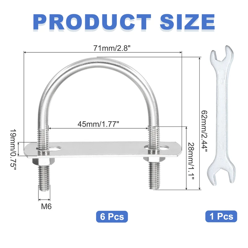 6Pcs M6 U-Bolts, Stainless Steel 1.77In(45mm) Inner Width 2.48In(63mm) Long