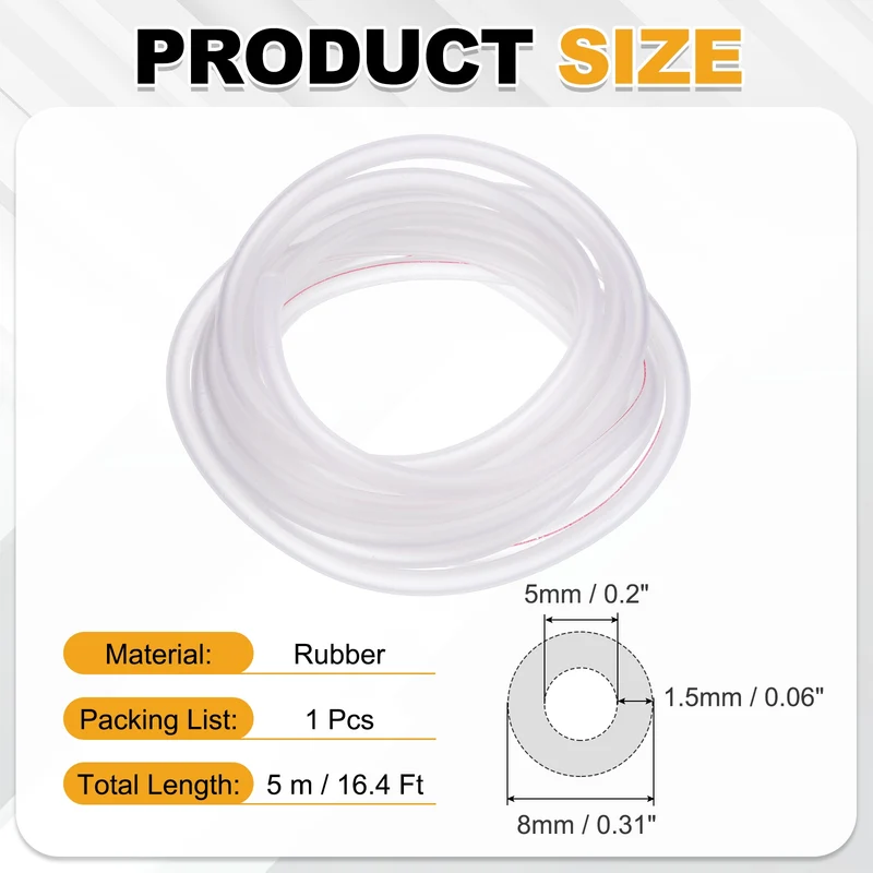 Fuel Line Hose Tube, Rubber Petrol Fuel Gas Line Pipe 3/16" ID 16.4ft, Clear