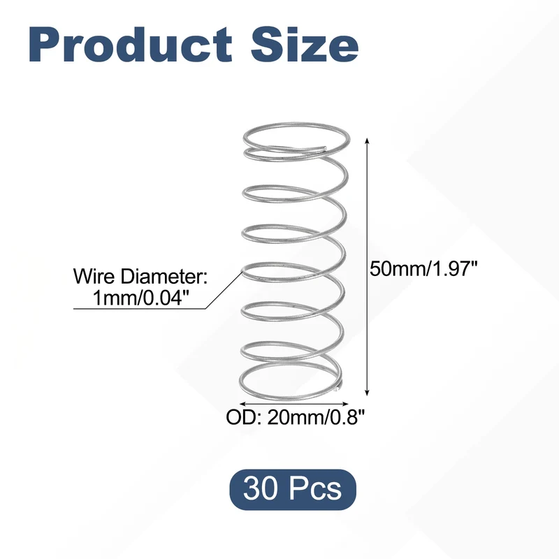 30Pcs Compression Spring 304 Stainless Steel, 1mm Wire, 20x50mm (ODxL)