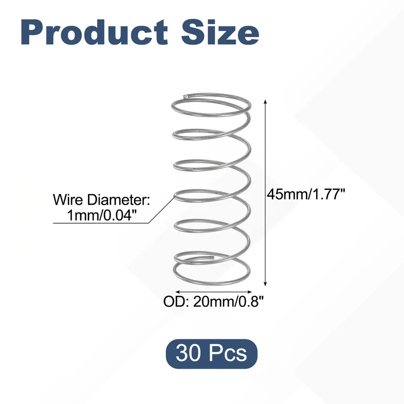 30Pcs Compression Spring 304 Stainless Steel, 1mm Wire, 20x45mm (ODxL)