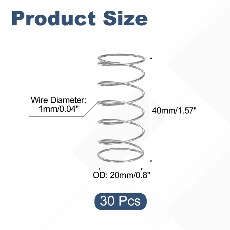 30Pcs Compression Spring 304 Stainless Steel, 1mm Wire, 20x40mm (ODxL)