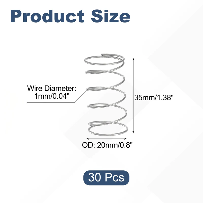 30Pcs Compression Spring 304 Stainless Steel, 1mm Wire, 20x35mm (ODxL)