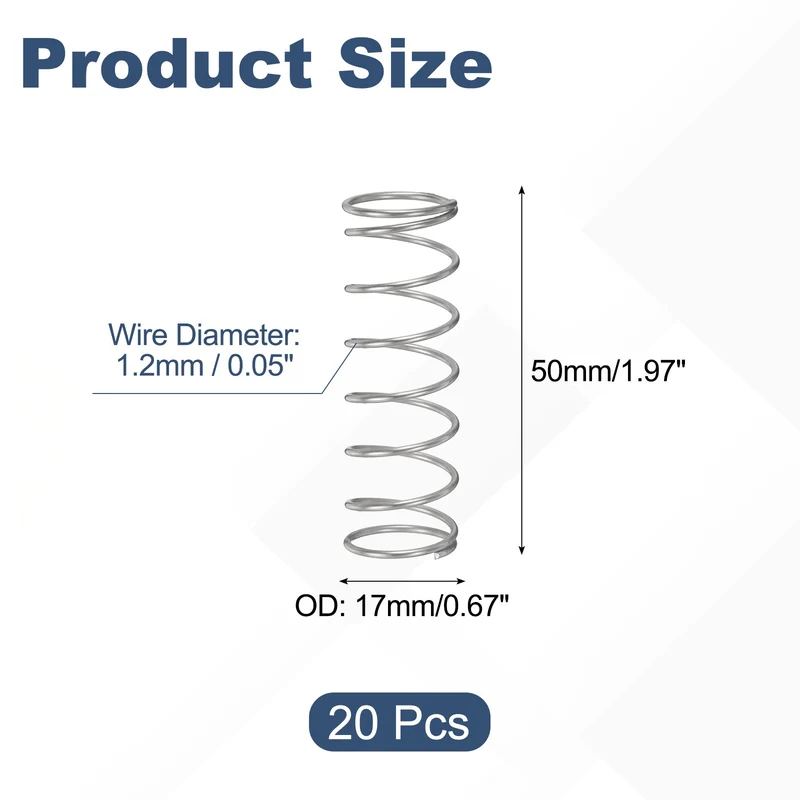 20Pcs Compression Spring 304 Stainless Steel, 1.2mm Wire, 17x50mm (ODxL)