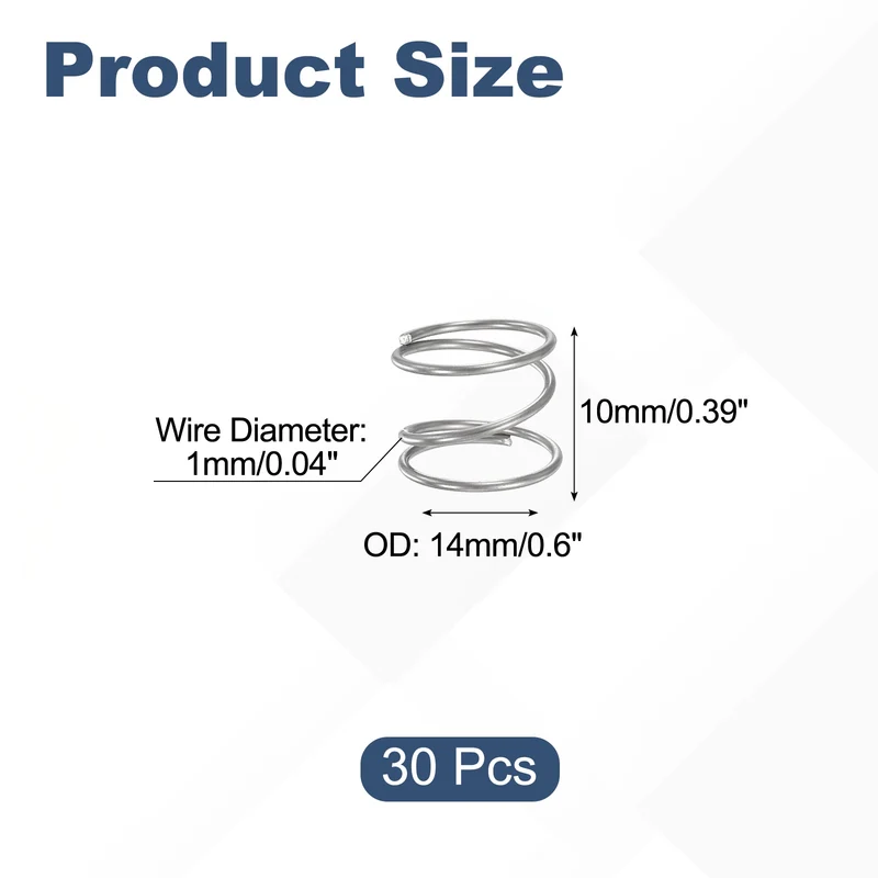 30Pcs Compression Spring 304 Stainless Steel, 1mm Wire, 14x10mm (ODxL)