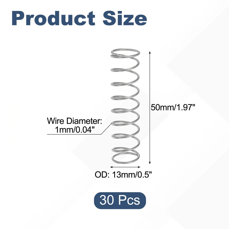 30Pcs Compression Spring 304 Stainless Steel, 1mm Wire, 13x50mm (ODxL)