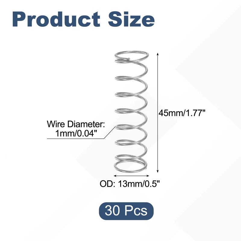 30Pcs Compression Spring 304 Stainless Steel, 1mm Wire, 13x45mm (ODxL)