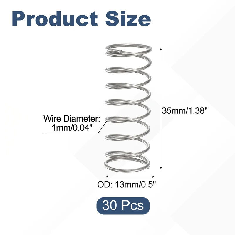 30Pcs Compression Spring 304 Stainless Steel, 1mm Wire, 13x35mm (ODxL)