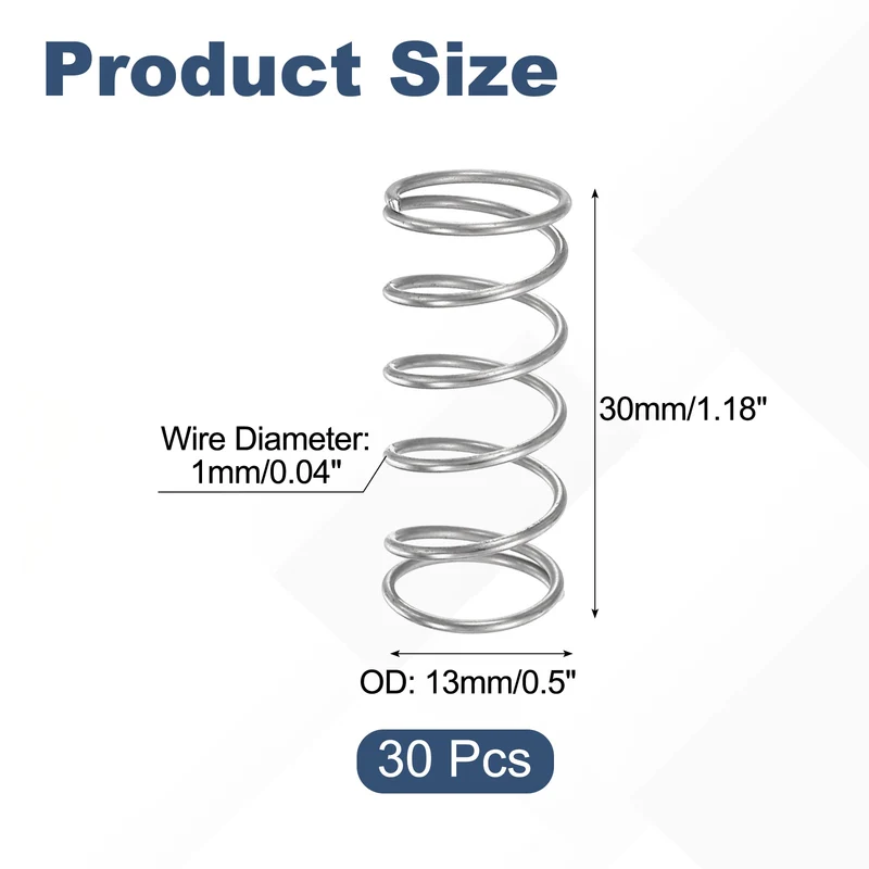 30Pcs Compression Spring 304 Stainless Steel, 1mm Wire, 13x30mm (ODxL)