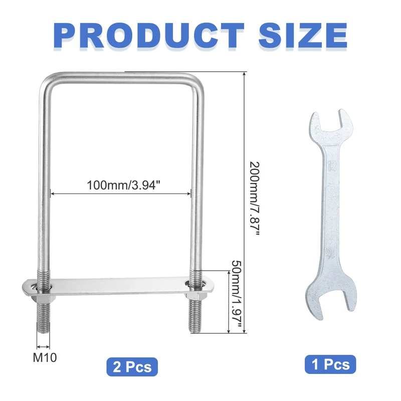 2Pcs M10 Square U-Bolts, 3.94In(100mm) Inner Width 7.87In(200mm) Long