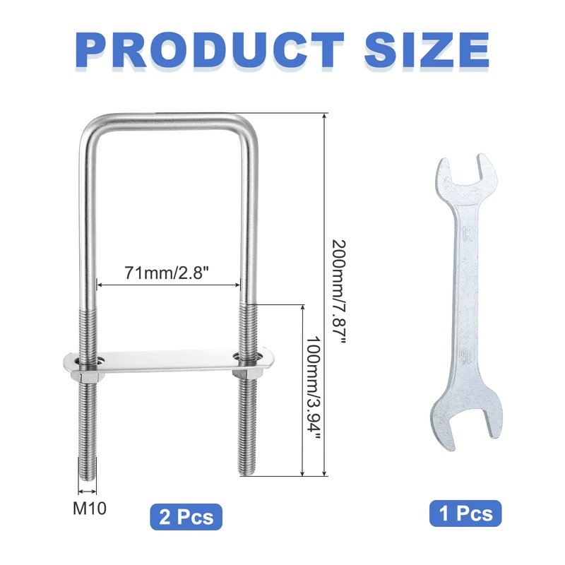 2Pcs M10 Square U-Bolts, 2.8In(71mm) Inner Width 7.87In(200mm) Long