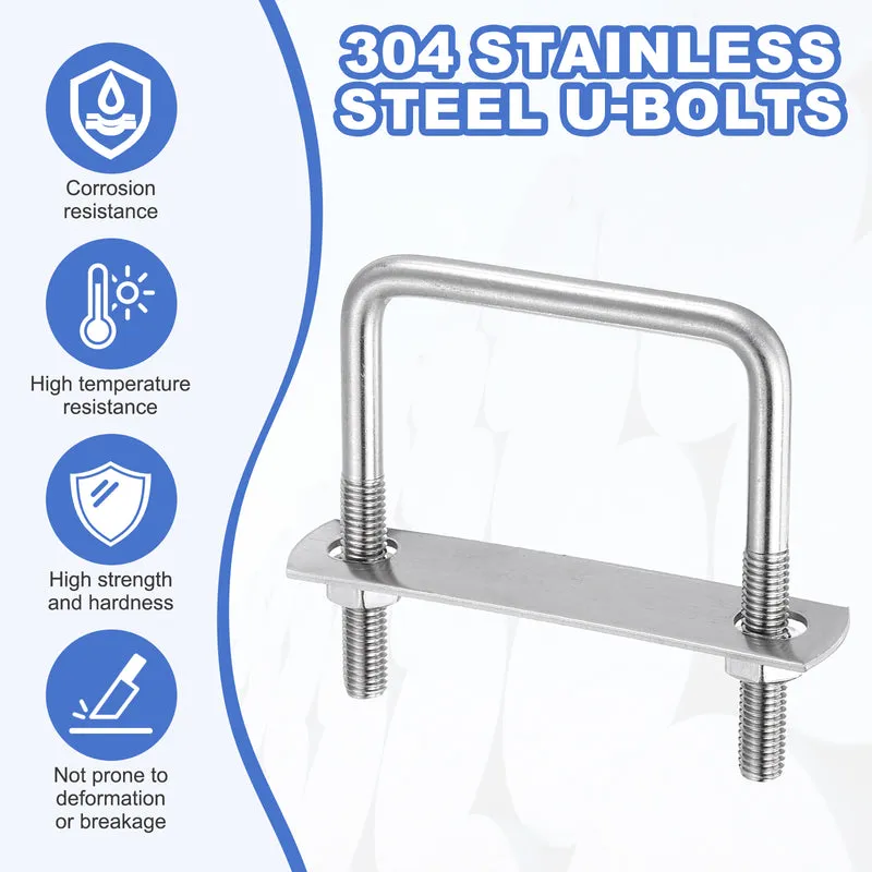 2Pcs M8 Square U-Bolts, 2.6In(66mm) Inner Width 3.15In(80mm) Long