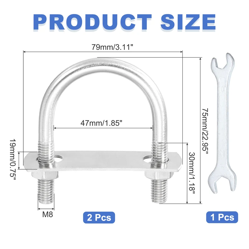 2Pcs M8 U-Bolts, Stainless Steel 1.85In(47mm) Inner Width 2.95In(75mm) Long