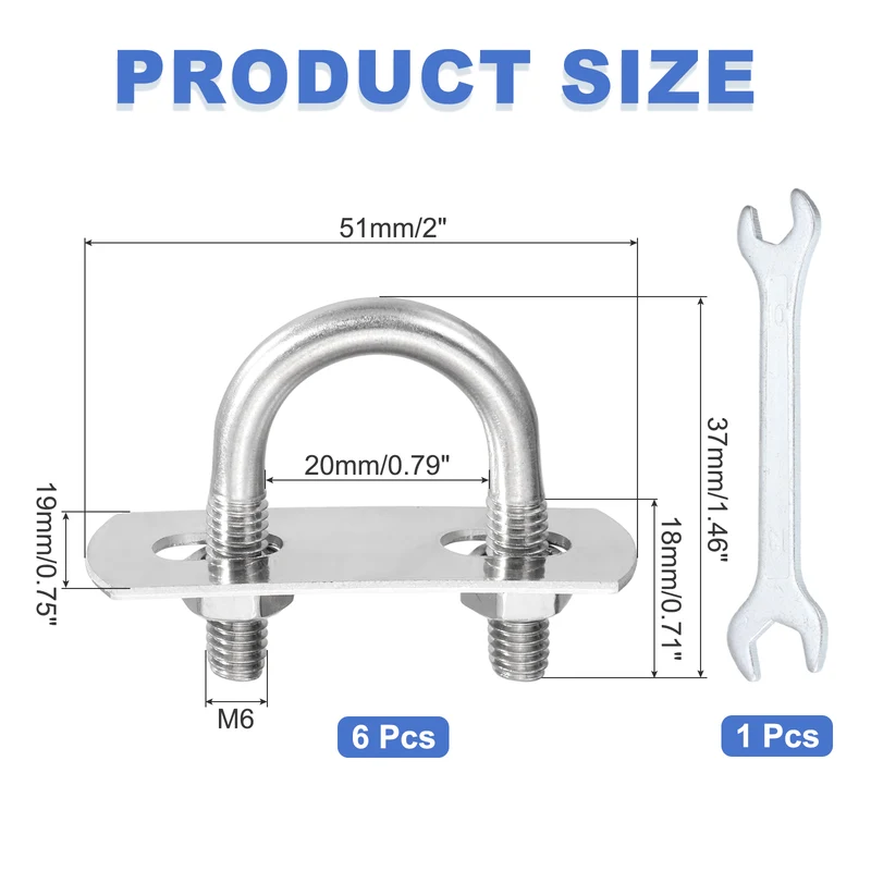 6Pcs M6 U-Bolts, Stainless Steel 0.79In(20mm) Inner Width 1.46In(37mm) Long