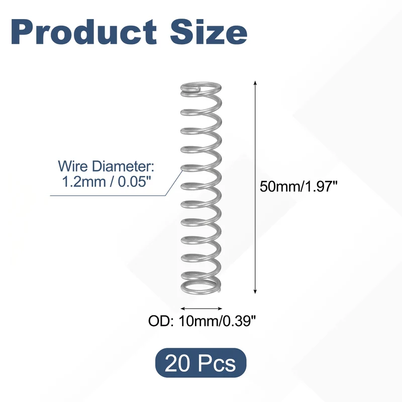 20Pcs Compression Spring 304 Stainless Steel, 1.2mm Wire, 10x50mm (ODxL)