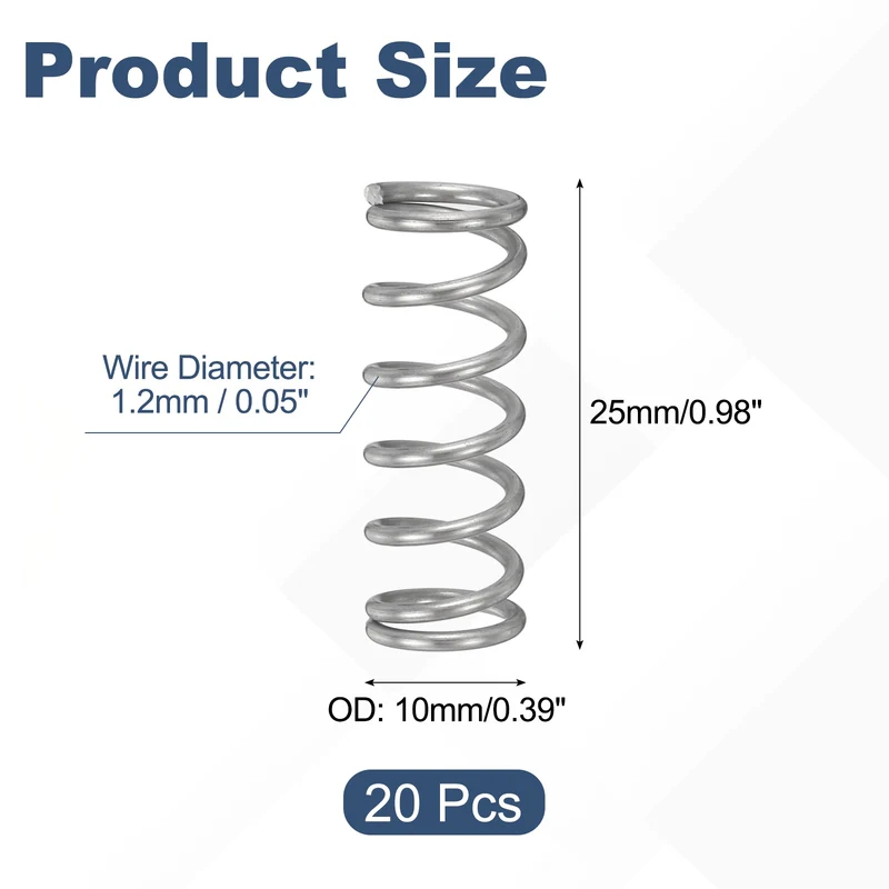 20Pcs Compression Spring 304 Stainless Steel, 1.2mm Wire, 10x25mm (ODxL)