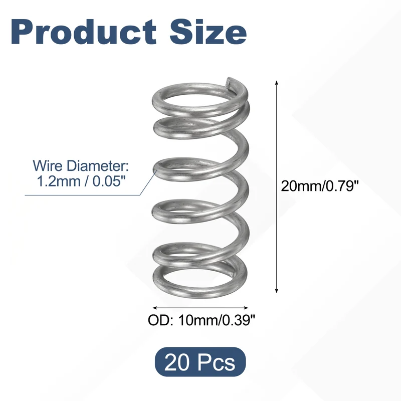 20Pcs Compression Spring 304 Stainless Steel, 1.2mm Wire, 10x20mm (ODxL)