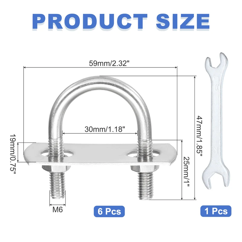 6Pcs M6 U-Bolts, Stainless Steel 1.18In(30mm) Inner Width 1.85In(47mm) Long