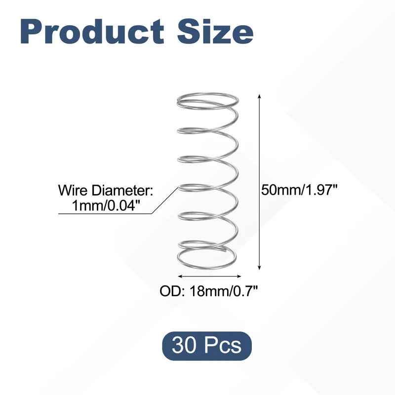 30Pcs Compression Spring 304 Stainless Steel, 1mm Wire, 18x50mm (ODxL)