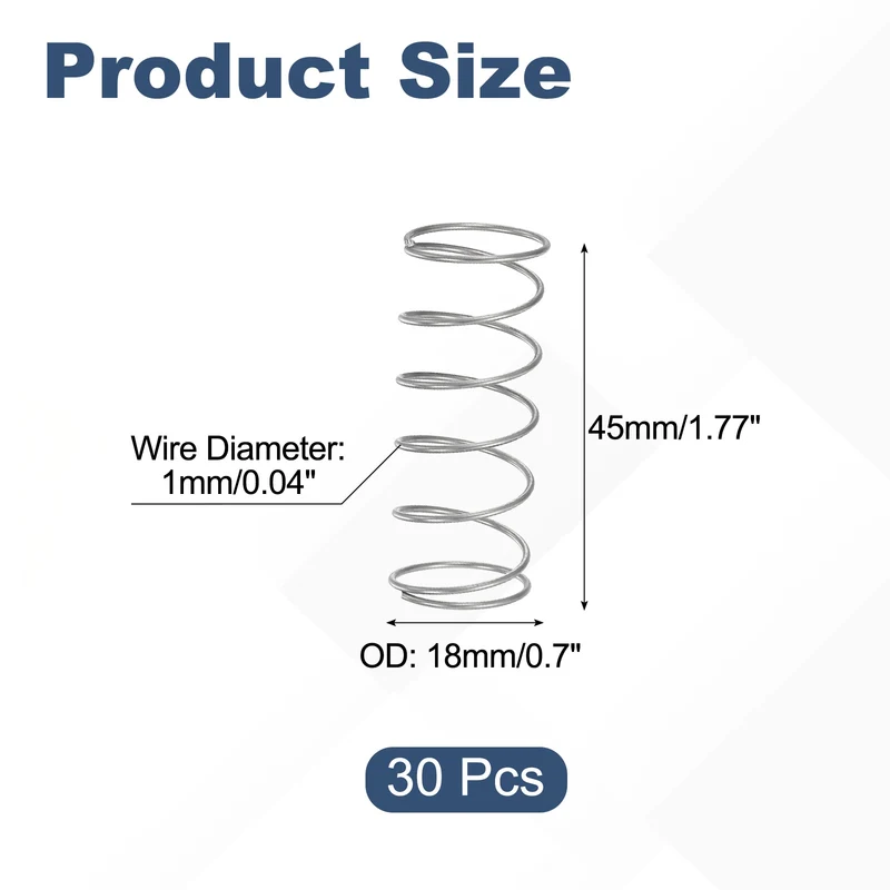 30Pcs Compression Spring 304 Stainless Steel, 1mm Wire, 18x45mm (ODxL)