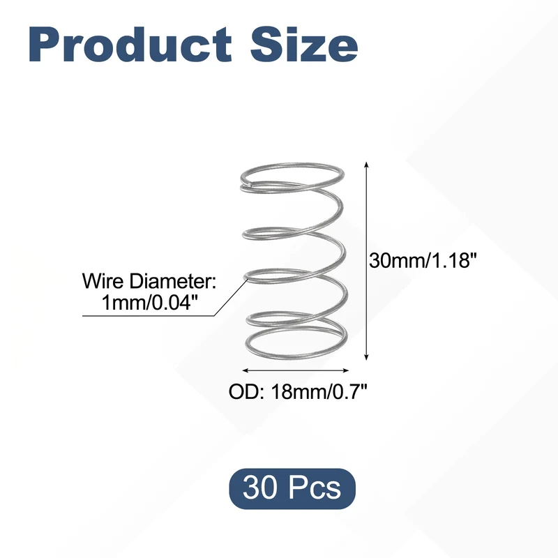 30Pcs Compression Spring 304 Stainless Steel, 1mm Wire, 18x30mm (ODxL)