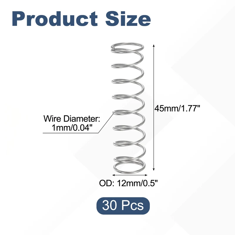 30Pcs Compression Spring 304 Stainless Steel, 1mm Wire, 12x45mm (ODxL)
