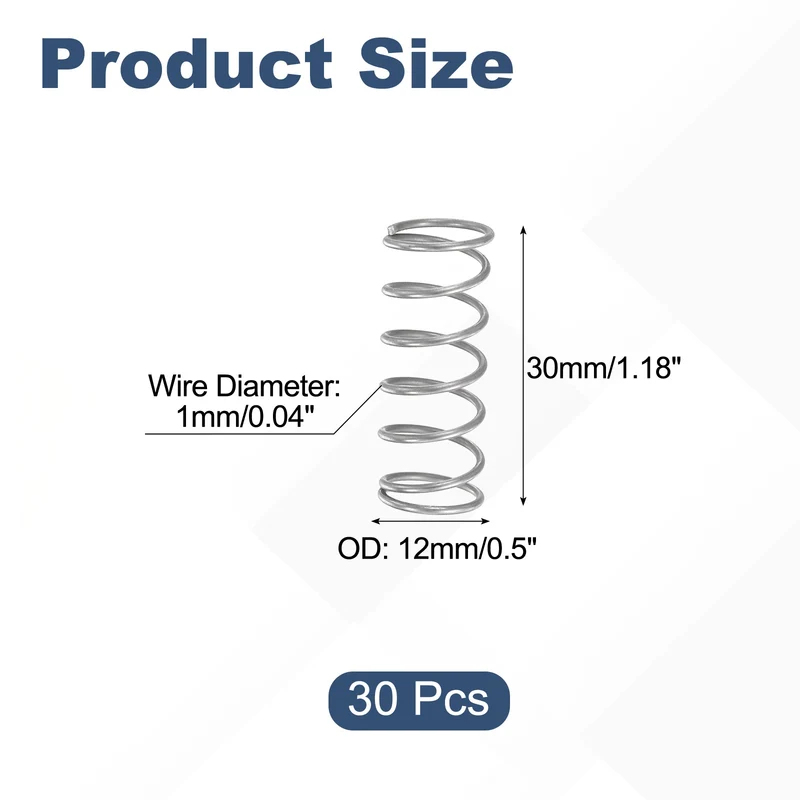 30Pcs Compression Spring 304 Stainless Steel, 1mm Wire, 12x30mm (ODxL)