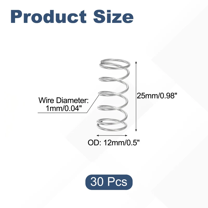 30Pcs Compression Spring 304 Stainless Steel, 1mm Wire, 12x25mm (ODxL)