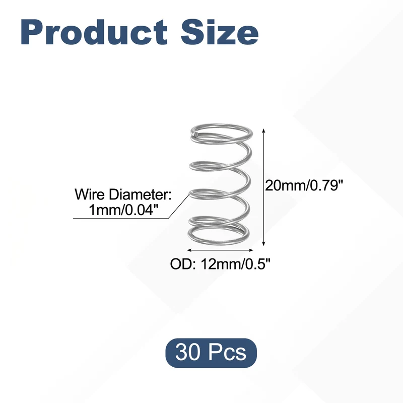 30Pcs Compression Spring 304 Stainless Steel, 1mm Wire, 12x20mm (ODxL)