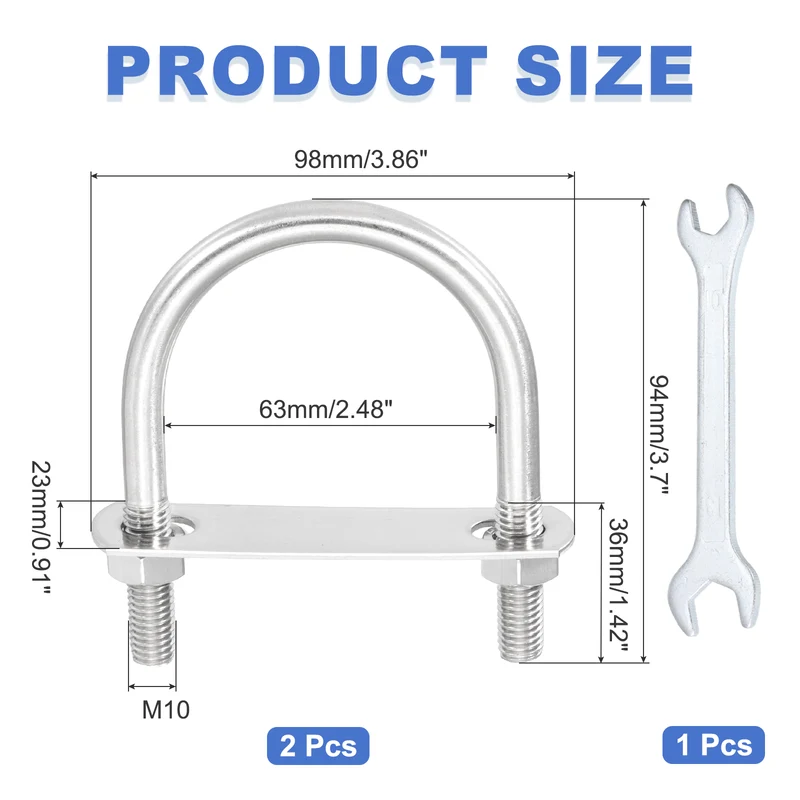 2Pcs M10 U-Bolts, Stainless Steel 2.48In(63mm) Inner Width 3.7In(94mm) Long