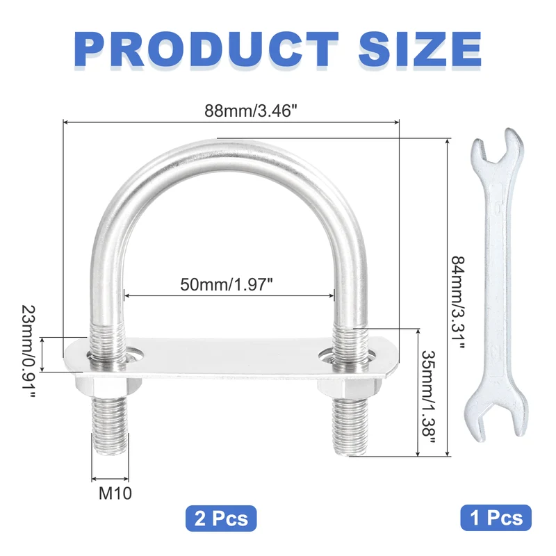 2Pcs M10 U-Bolts, Stainless Steel 1.97In(50mm) Inner Width 3.31In(84mm) Long